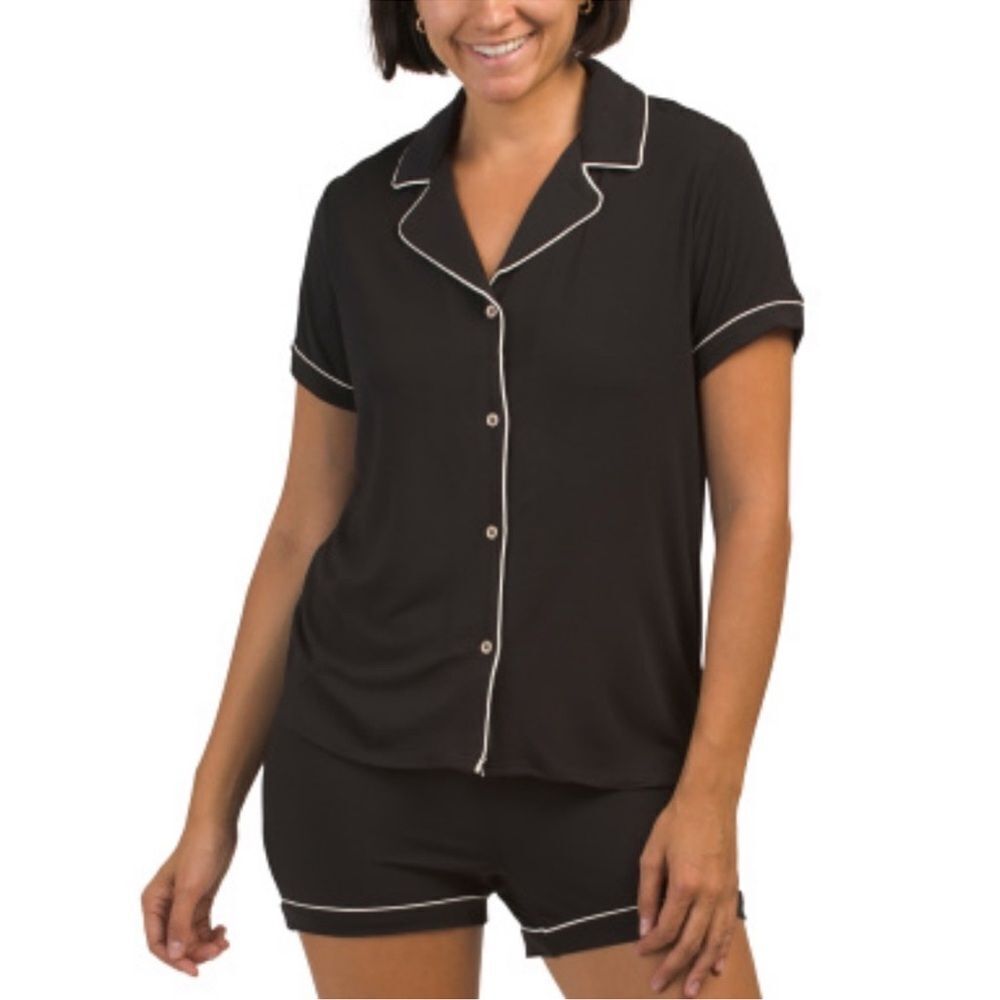 Jason Wu M-L Black White Trim 2 Pc Super Soft Notch Collar Sleep Pj Set